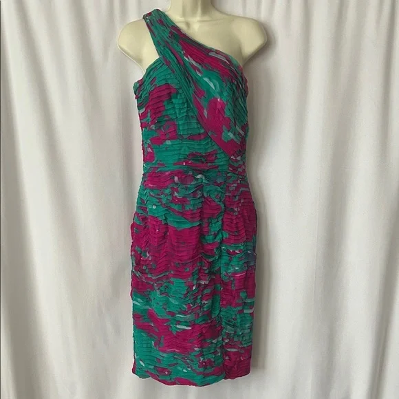 Tadashi Shoji Elegant One-Shoulder Teal/Pink 💯% Silk Dress **Size 6** 🌺🌺 - Picture 1 of 5